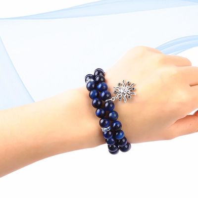 Elastik Yuvarlak Koyu Mavi 8 mm Kaplan Gözü Gemstone Bilezik İyileştirici Enerji Büyü Mücevher
