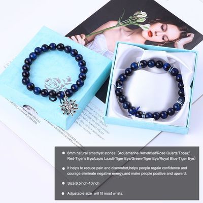 Elastik Yuvarlak Koyu Mavi 8 mm Kaplan Gözü Gemstone Bilezik İyileştirici Enerji Büyü Mücevher