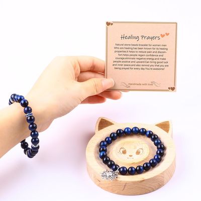 Elastik Yuvarlak Koyu Mavi 8 mm Kaplan Gözü Gemstone Bilezik İyileştirici Enerji Büyü Mücevher