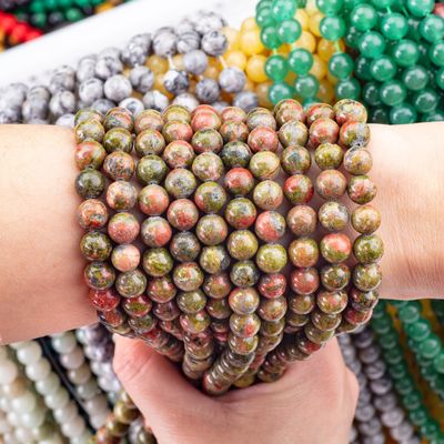 Unakite yuvarlak boncuk doğal kristal mücevher farklı boncuk boyutu DIY mücevher yapımı için gevşek boncuk telleri