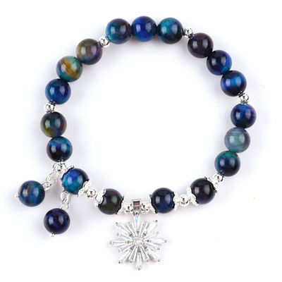 Gemstone Crystal 8MM Rainbow Tiger Eye With Snowflake Charm Stretch Bracelet Hediye vermek için