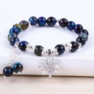 Gemstone Crystal 8MM Rainbow Tiger Eye With Snowflake Charm Stretch Bracelet Hediye vermek için