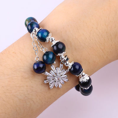 Gemstone Crystal 8MM Rainbow Tiger Eye With Snowflake Charm Stretch Bracelet Hediye vermek için