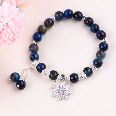 Gemstone Crystal 8MM Rainbow Tiger Eye With Snowflake Charm Stretch Bracelet Hediye vermek için