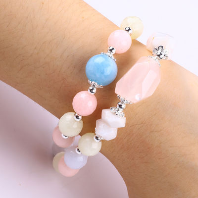 Morganite El yapımı DIY Çift Katman Doğal Kristal Çoklu Yuvarlak Mercekli Bilezik Hediye