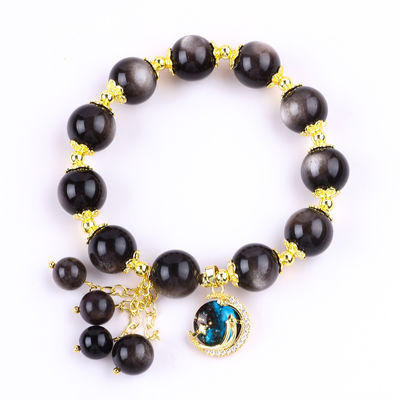 Gerçek Taş 12 mm Gümüş Obsidian Yuvarlak Yıldız Ay Büyüsü Kristal Mermi Bilezik