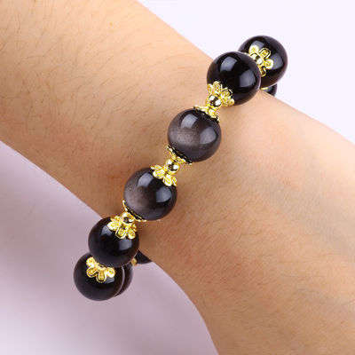 Gerçek Taş 12 mm Gümüş Obsidian Yuvarlak Yıldız Ay Büyüsü Kristal Mermi Bilezik