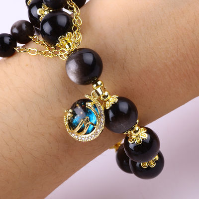 Gerçek Taş 12 mm Gümüş Obsidian Yuvarlak Yıldız Ay Büyüsü Kristal Mermi Bilezik