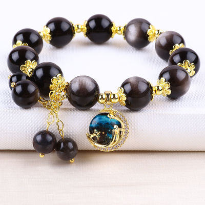 Gerçek Taş 12 mm Gümüş Obsidian Yuvarlak Yıldız Ay Büyüsü Kristal Mermi Bilezik