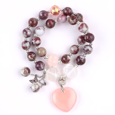 Pulm Blossom Tourmaline Rose Quartz Heart Dangle Charm Stretch Double Layer Bead Bilezik