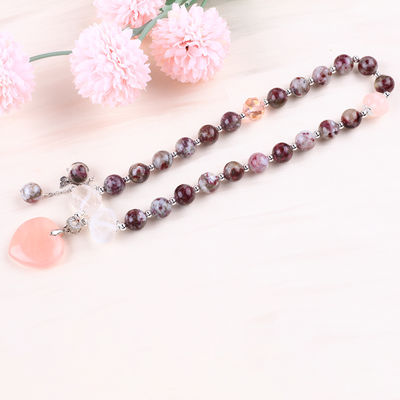 Pulm Blossom Tourmaline Rose Quartz Heart Dangle Charm Stretch Double Layer Bead Bilezik