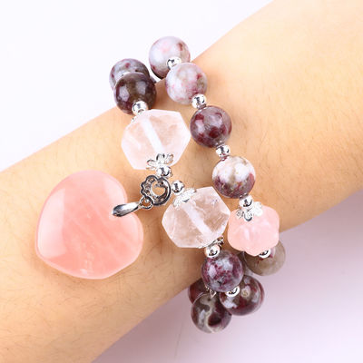 Pulm Blossom Tourmaline Rose Quartz Heart Dangle Charm Stretch Double Layer Bead Bilezik