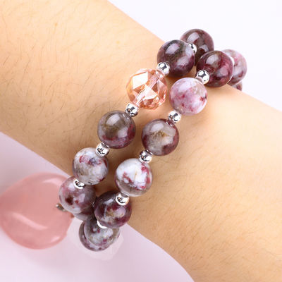 Pulm Blossom Tourmaline Rose Quartz Heart Dangle Charm Stretch Double Layer Bead Bilezik