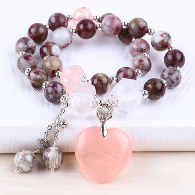 Pulm Blossom Tourmaline Rose Quartz Heart Dangle Charm Stretch Double Layer Bead Bilezik
