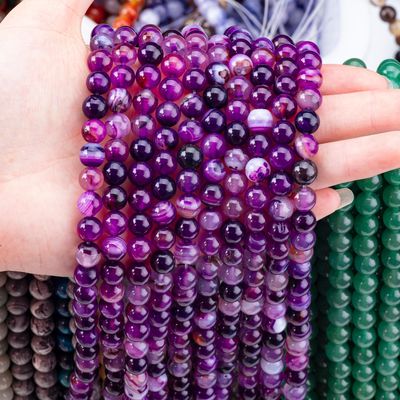 Mor Çizgili Agat Şifa 8mm Yuvarlak Değerli Taşlar Hediye vermek için