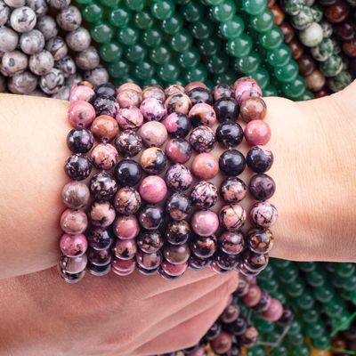 8mm Siyah Şeritli Rhodocrosite Gemstone İnciller Temizleme Kristal Taş İnciller Mücevher Yapımında
