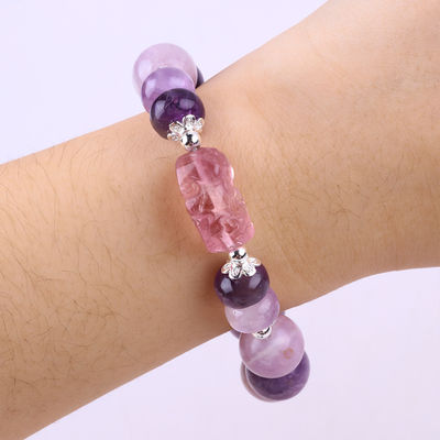 14mm Mor Mica Bilezik Fluorit Pixiu Stretch Bead Bilezik Şanslı Zenginlik Getirir