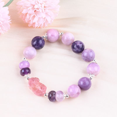14mm Mor Mica Bilezik Fluorit Pixiu Stretch Bead Bilezik Şanslı Zenginlik Getirir