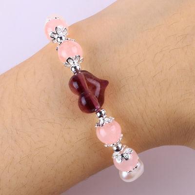 8MM pembe tatlı su incisi germe bilezik kalp kristal oyma