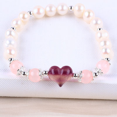 8MM pembe tatlı su incisi germe bilezik kalp kristal oyma