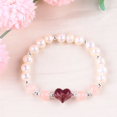 8MM pembe tatlı su incisi germe bilezik kalp kristal oyma
