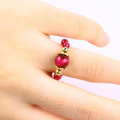 4MM Gül Kırmızı Kaplan Gözü Kristal Stretch Yuvarlak Boncuk Yüzük Şifa Taşı Düzenlenebilir Yüzük Unisex için