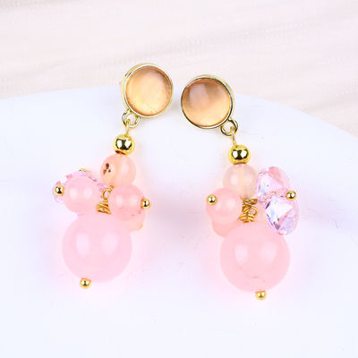 Pembe Kalsedon Kristal Taş Günlük Kullanım İçin Tekil DIY Oval Kolye Yuvarlak Mercekli Kulaklıkları