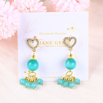 El yapımı 6MM 12MM yeşil kedi gözü taş hediye vermek için kalp stud Dangle küpesi ile