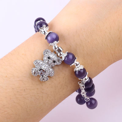 Gemstone Kırmızı Kedi Gözü Ayı ile El Yapımı Yuvarlak Şekil Germe Boncuk Bilezik Mücevher Hediye