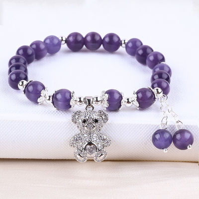 Gemstone Kırmızı Kedi Gözü Ayı ile El Yapımı Yuvarlak Şekil Germe Boncuk Bilezik Mücevher Hediye